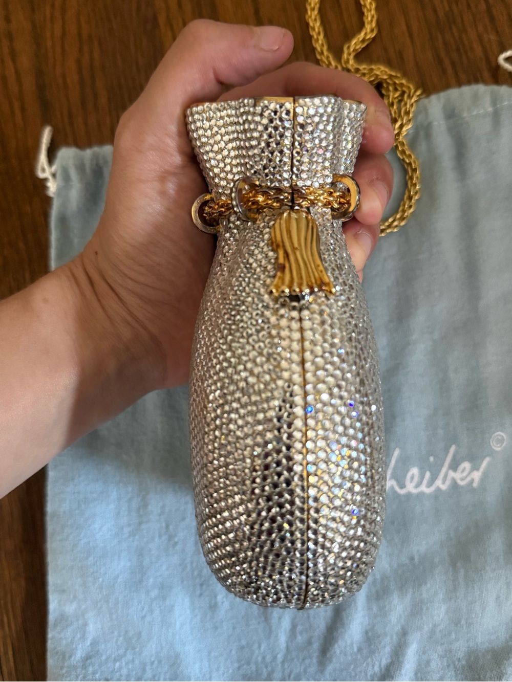Judith Leiber Silver Crystal Drawstring Minaudière with Gold Chain Strap - Picture 5 of 8